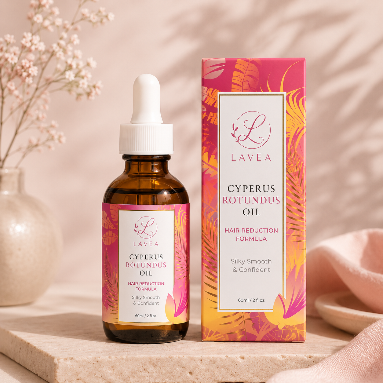 Lavea Cyperus Rotundus Oil bottle and box on a marble slab