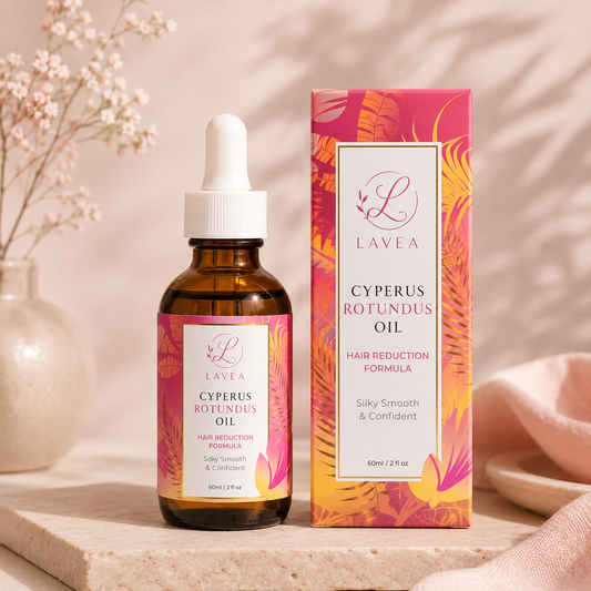 Lavea Cyperus Rotundus Oil bottle and box on a marble slab