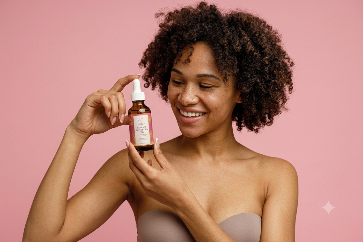 Smiling woman holding Lavea Cyperus Rotundus Oil against a pink background