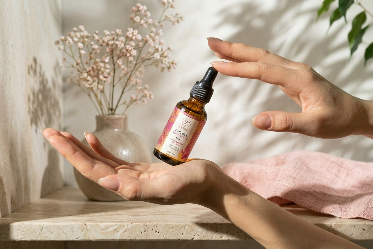 Hands applying a drop of Lavea oil near dried botanicals